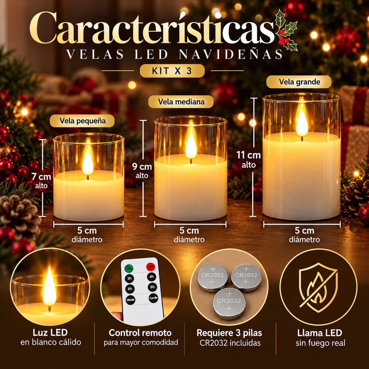 Velas Navideñas Decorativas Luz Led x3