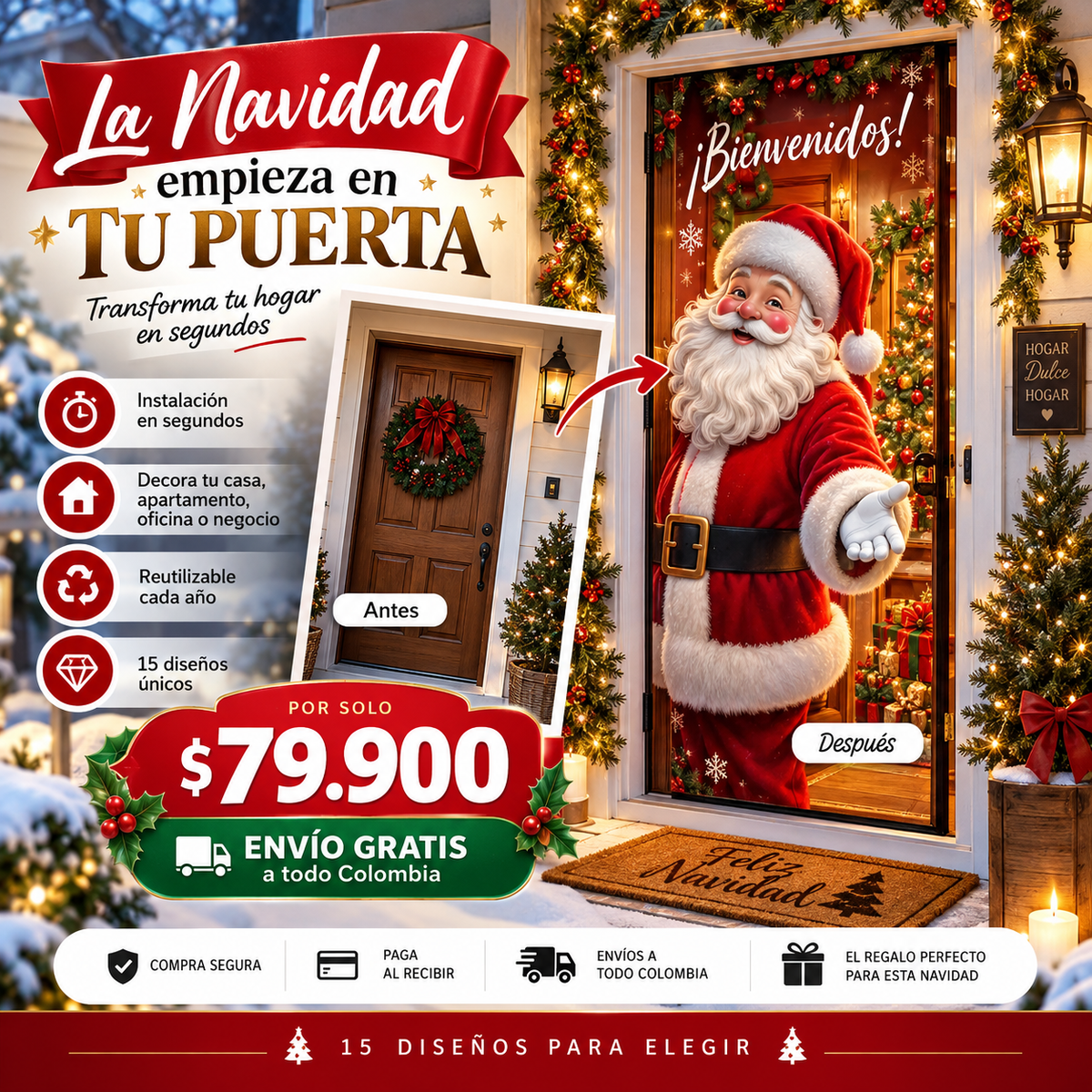 Funda Navideña para Puerta 🎄✨Transforma tu entrada en segundos