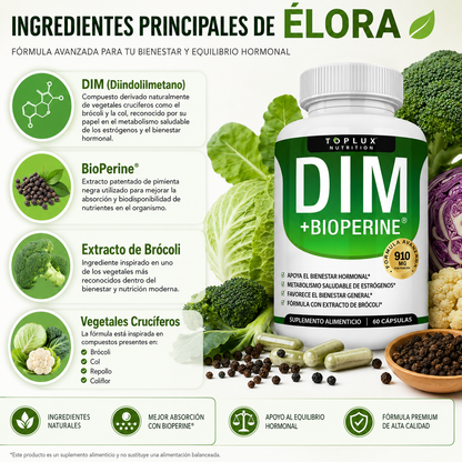 🌿 Apoya Tu Bienestar Hormonal Natural Con ÉLORA DIM + BioPerine®