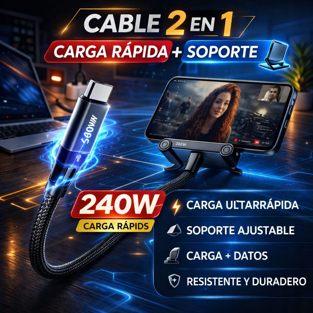 ⚡ Soporte + Carga Ultra Potente en Un Solo Cable Menos Accesorios, Más Solución