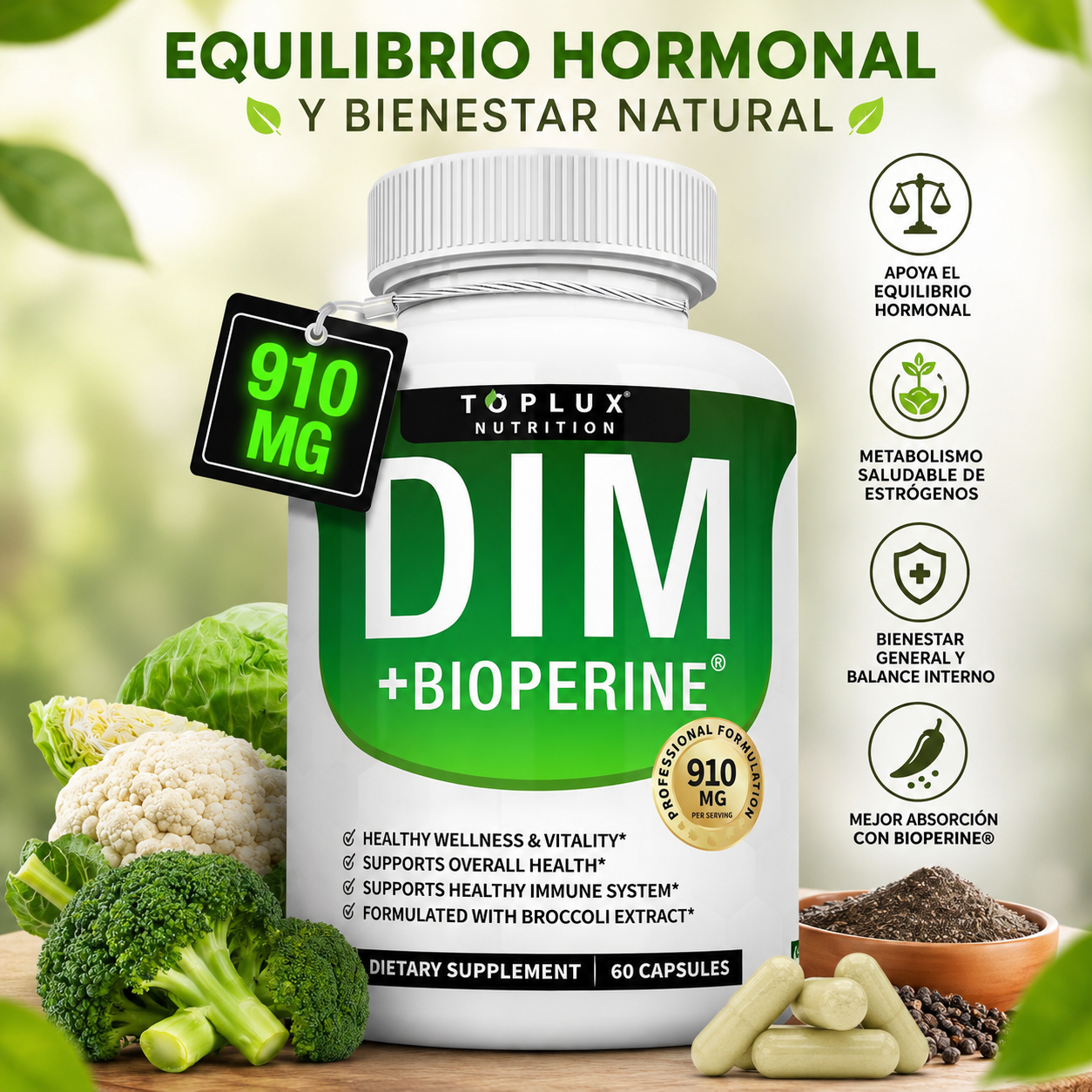 🌿 Apoya Tu Bienestar Hormonal Natural Con ÉLORA DIM + BioPerine®