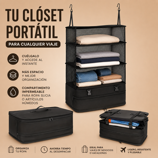 🧳 Organizador Colgante de Viaje Convierte tu maleta en un clóset portátil y accede a toda tu ropa en segundos.