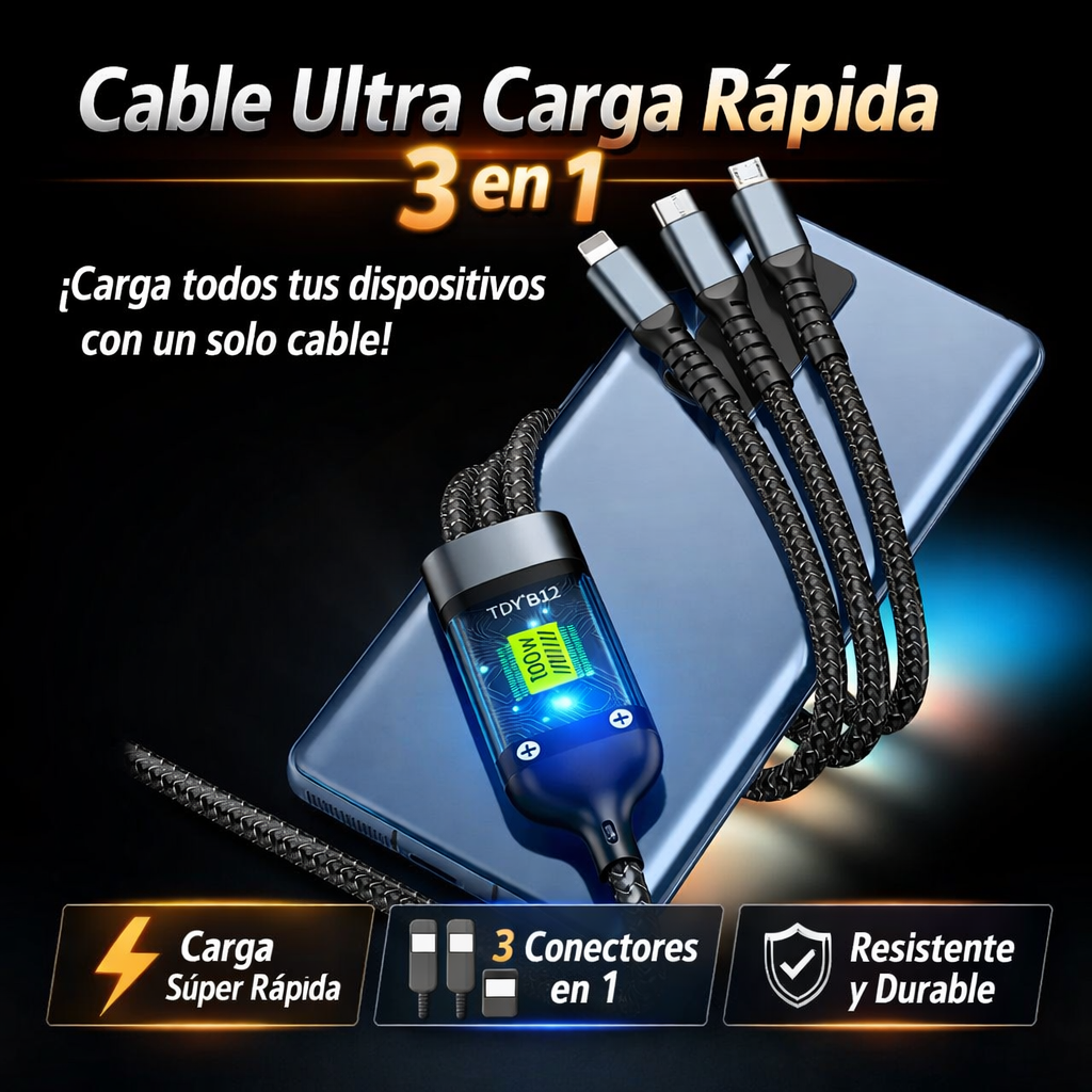 Olvídate de usar varios cables: carga todo con un solo Cable Ultra Rápido 3 en 1 🔋